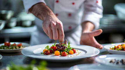 Obraz na płótnie Canvas A Master Chef Prepares a Delicious and Fresh Dish in a 5-Star Michelin Restaurant Kitchen, Creating a Mouthwatering Meal for Customers to Enjoy