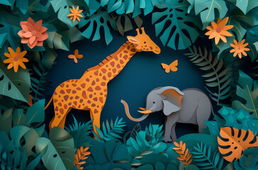 Handcrafted paper jungle creatures in a lush setting, great for imaginative storytelling and educational posters