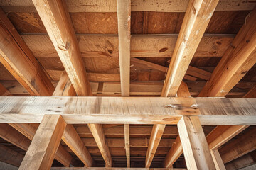 Fototapeta na wymiar View of a newly home under construction with wood framing beams stick Generative AI