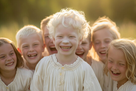 Group of caucasian children wearing white cotton clothes with albino boy in the center is playing outside together and smiling. Albino child is happy and smiling in the park.