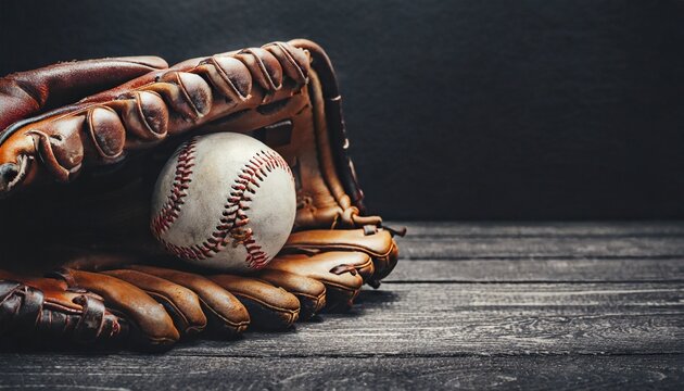 moody style baseball background with old ball in leather glove close up for sport copy space on dark backdrop