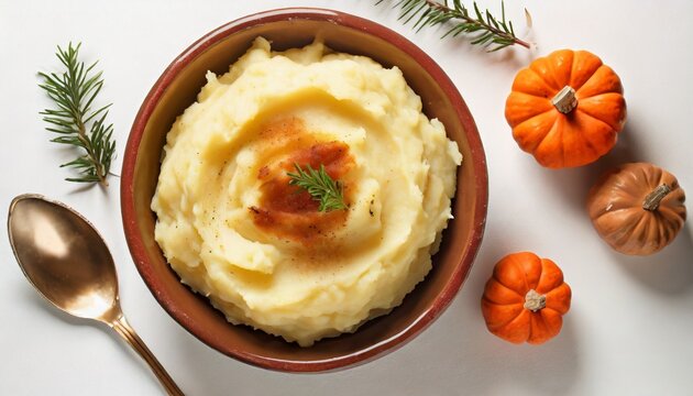 mashed potatoes on white background thanksgiving holiday side dish top view