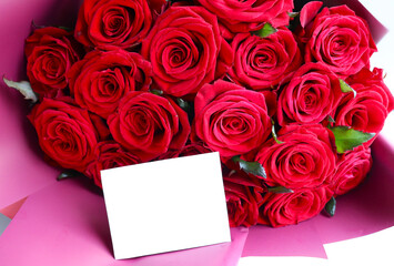 greeting card design. bouquet of pink roses and white blank for text