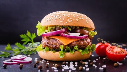 juicy delicious burger with spices on a black background