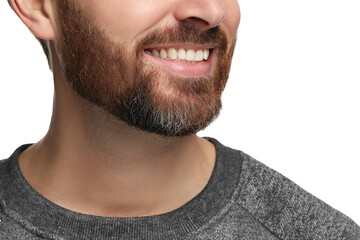 Obraz premium Smiling man with healthy clean teeth on white background, closeup