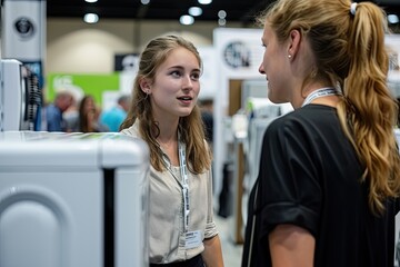 Two Women Talking to Each Other at a Trade Show