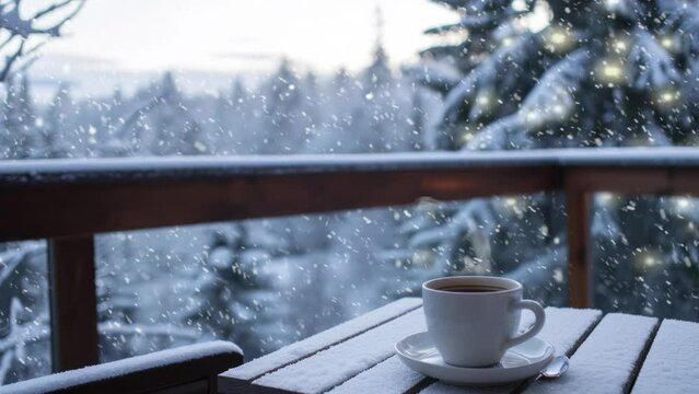 Steamy coffee cup background, cozy winter cabin balcony with nature sight, snowing looped footage
