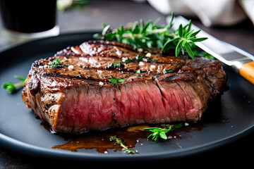 a sliced red grilled meat, on dark background