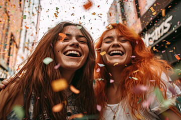 Fototapeta premium Lovely image of two beautiful young women celebrating Pride festival with multi coloured confetti raining down around them