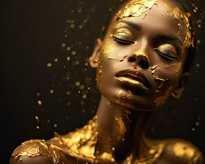 Beautiful portrait of African American woman with gold flake paint on her face, conceptual portrait image