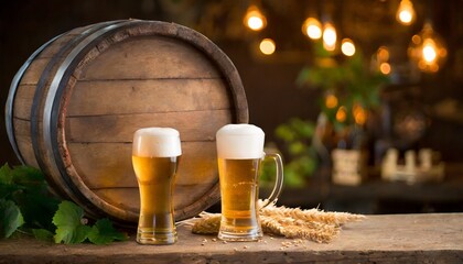 beer barrel with beer glasses on a wooden table the dark brown background