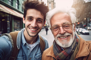 Trendy Grandpa and Grandsons taking selfie together POV