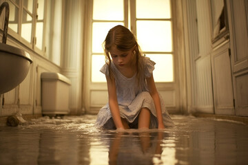 A small child cleans the floor at home, puts things in order.