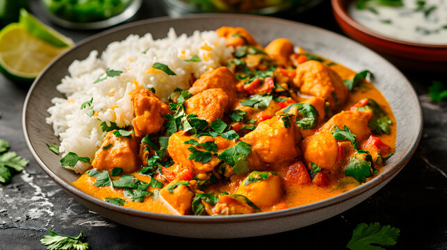 Vista de cerca de comida india. Pollo al curry con arroz blanco