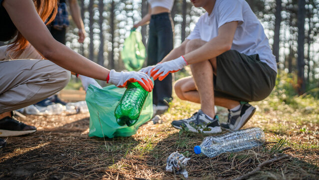 hands of unknown friends pick up waste garbage to clean forest
