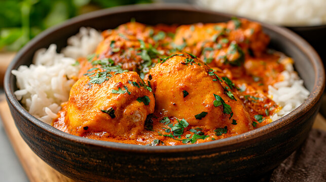 Vista de cerca de comida india. Pollo al curry con arroz blanco