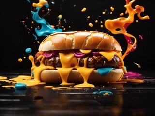 Abstract Fusion Feast: AI-Enhanced Melted Cheese Sausage Bun 