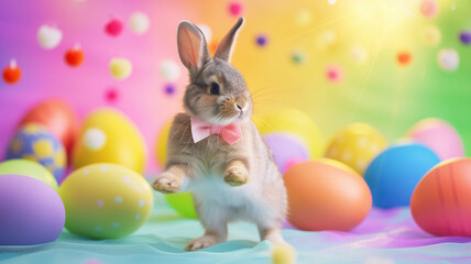 Easter eggs with colored decorations and easter rabbit with a bow dancing on colored background