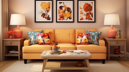 Elegant living room interior with yellow sofa, striking pillows and 3d abstract paintings in red and gold, banner