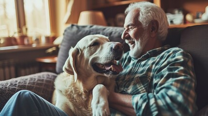 happy people at home with favorite pet , love and friendship of human and animal pragma