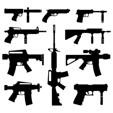 Weapons silhouette set. Collection of various realistic firearms. Isolated assult rifles, sniper rifles, shotguns, handguns, machine guns, historical guns and other. Vector illustration.