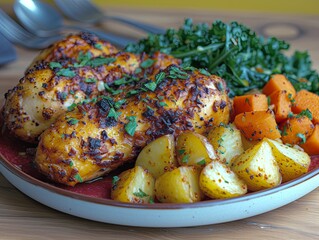 Plate of Chicken, Potatoes, Carrots, and Parsley