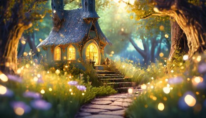 wonderful fairy house in an enchanting fairytale forest with a path among flowers and herbs.