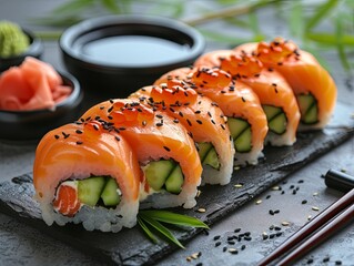 Plate of Sushi With Cucumbers and Sauce