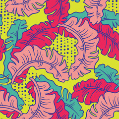 Banana plant leaves vector pattern for textile design, fabric print, wallpaper, digital paper. Palm tree leaf background, jungle vintage style, hand drawn illustration for cafe, spa hotel decoration.