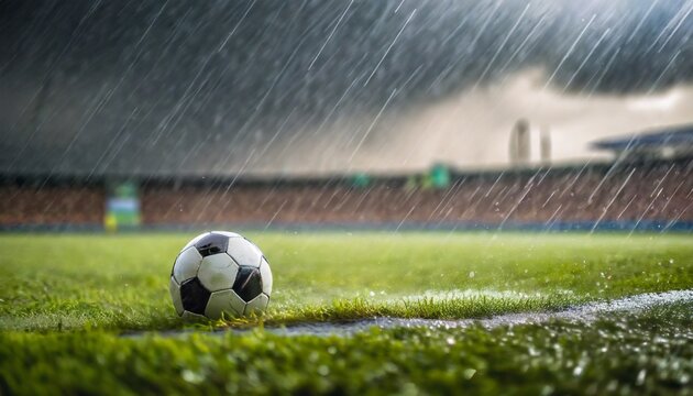 dramatic shot of a soccer field with green grass soccer ball lying on the field rain coming down generative ai