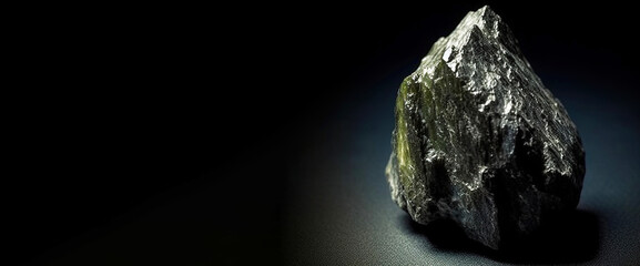 Fototapeta premium Baddeleyite is a rare precious natural stone on a black background. AI generated. Header banner mockup with space.