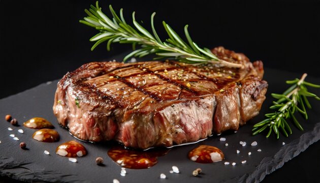 grilled ribeye beef steak with rosemary on a black background