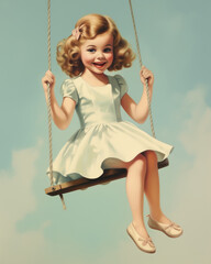 Retro 1950s vintage postcard of happy smiling child with brown hair rides on a swing with blue sky and clowds on background