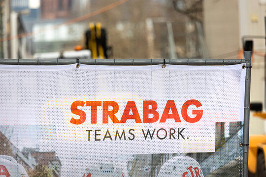 frankfurt, hesse, germany - 30 01 2024: a strabag sign at an contruction site