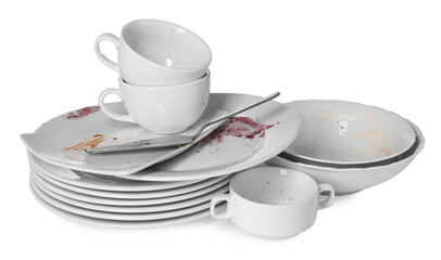 Set of dirty dishes isolated on white
