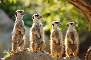 Alert meerkats on lookout duty, an alert and social scene featuring meerkats standing on their hind legs, keeping a watchful eye on their surroundings. - obrazy, fototapety, plakaty