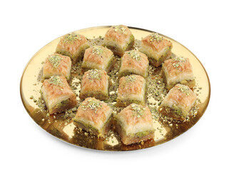 Delicious fresh baklava with chopped nuts isolated on white. Eastern sweets
