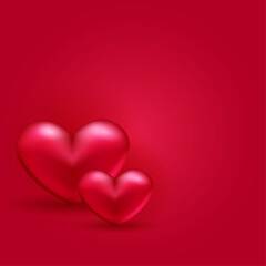 Red 3D hearts on a red background. Banner with place for text. Vector illustration