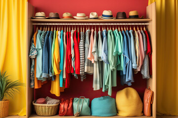 Women's wardrobe with bright clothes and hats. Generated by artificial intelligence