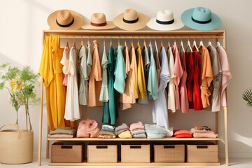 Women's wardrobe with clothes and hats. Generated by artificial intelligence