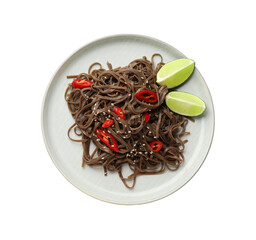 Tasty buckwheat noodles (soba) with chili pepper, sesame and lime isolated on white, top view
