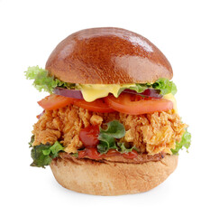 Delicious burger with crispy chicken patty isolated on white