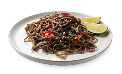 Tasty buckwheat noodles (soba) with chili pepper, sesame and lime isolated on white