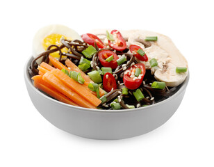 Tasty buckwheat noodles (soba) with chili pepper, carrot, egg and mushrooms in bowl isolated on white