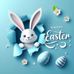 Happy Easter text with Easter rabbit background in Illustration with Background with space for copy created with generative ai
