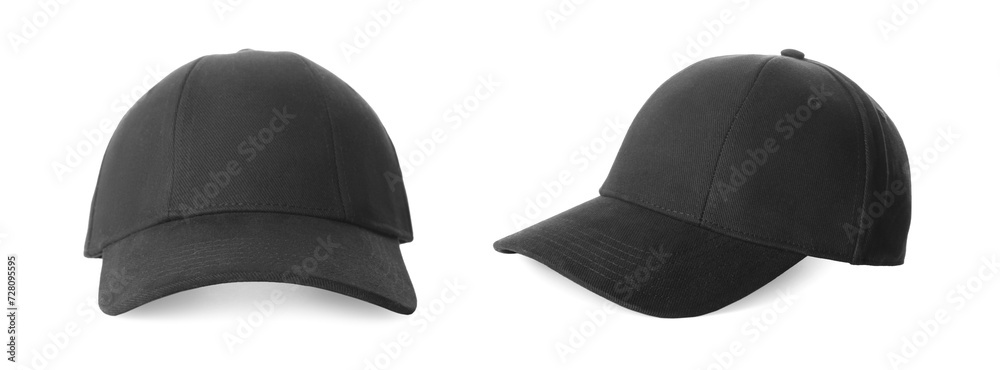 Poster Stylish black baseball cap isolated on white