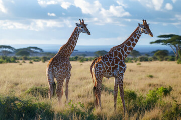 Elegant giraffes on the savannah, a serene and picturesque scene featuring a pair of giraffes grazing against the backdrop of the African savannah.