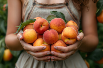 Hands of a woman holding nectarines in the garden.