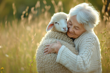 The tender moment between a grandmother and a lamb, set against a field at sunset, perfect for storytelling or family-oriented services, and senior love.