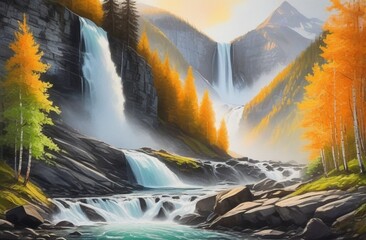 Drawing with gouache on birch bark a cascade of waterfalls in the mountains, raging spring, dawn, golden light, light gray, smoky background, light orange and light green, light and shadow.